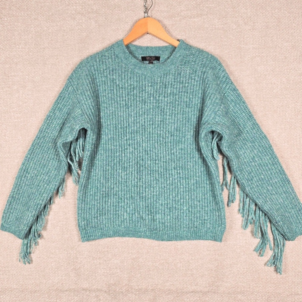 Witty Fox Young Contemporary Fringe Sweater Blue Green Knit‎ Boho Women's Size M